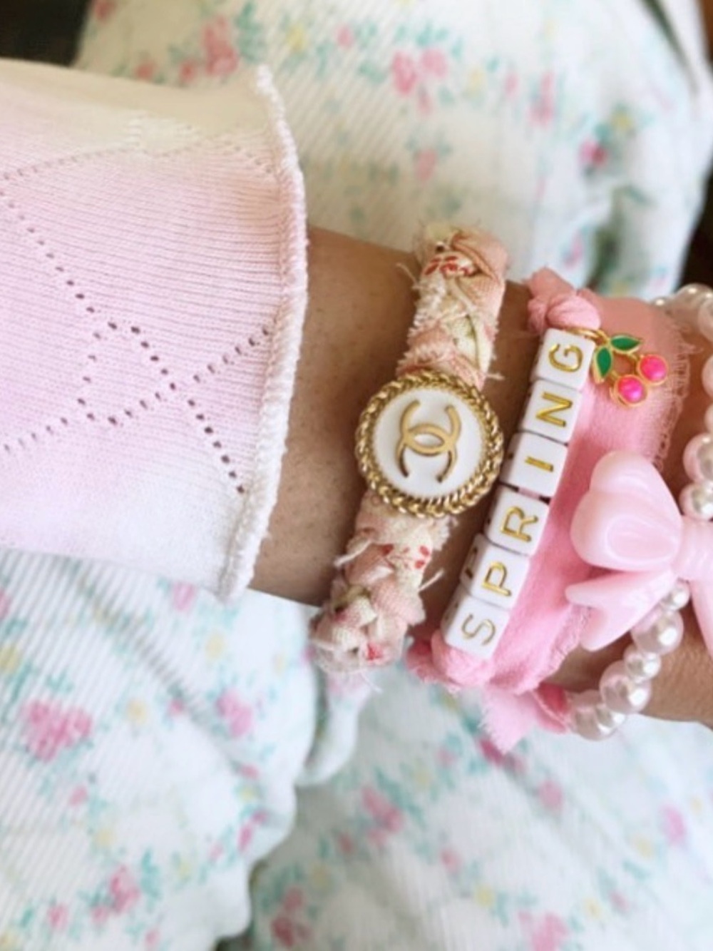 Upcycled Shabby Chic Pink Braided Charm Bracelet with Gold CC Logo Accent